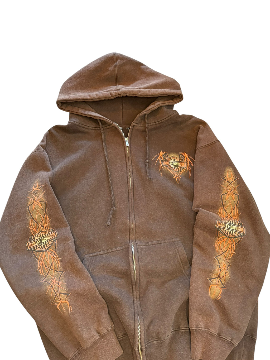 Vintage Brown Harley Davidson Tribal Flame Zip Up Hoodie (Large)
