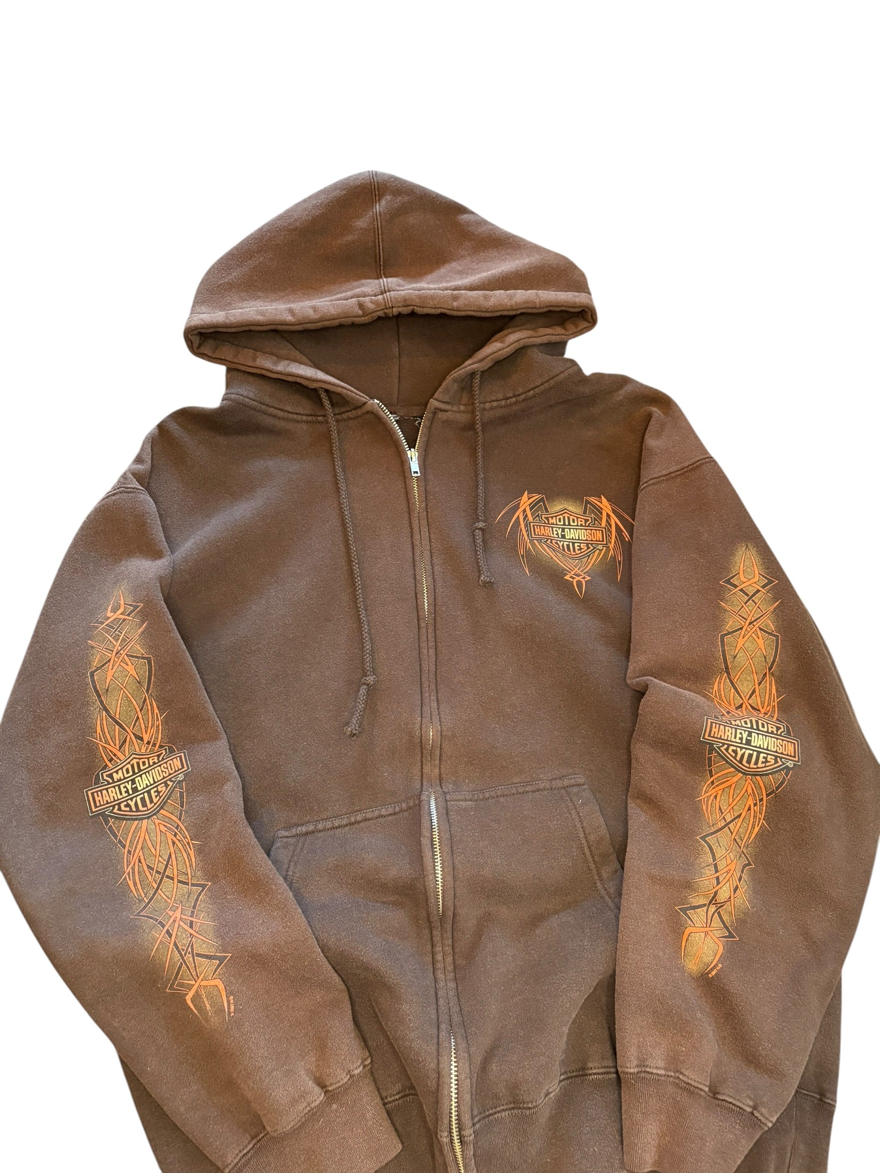 Vintage Brown Harley Davidson Tribal Flame Zip Up Hoodie (Large)