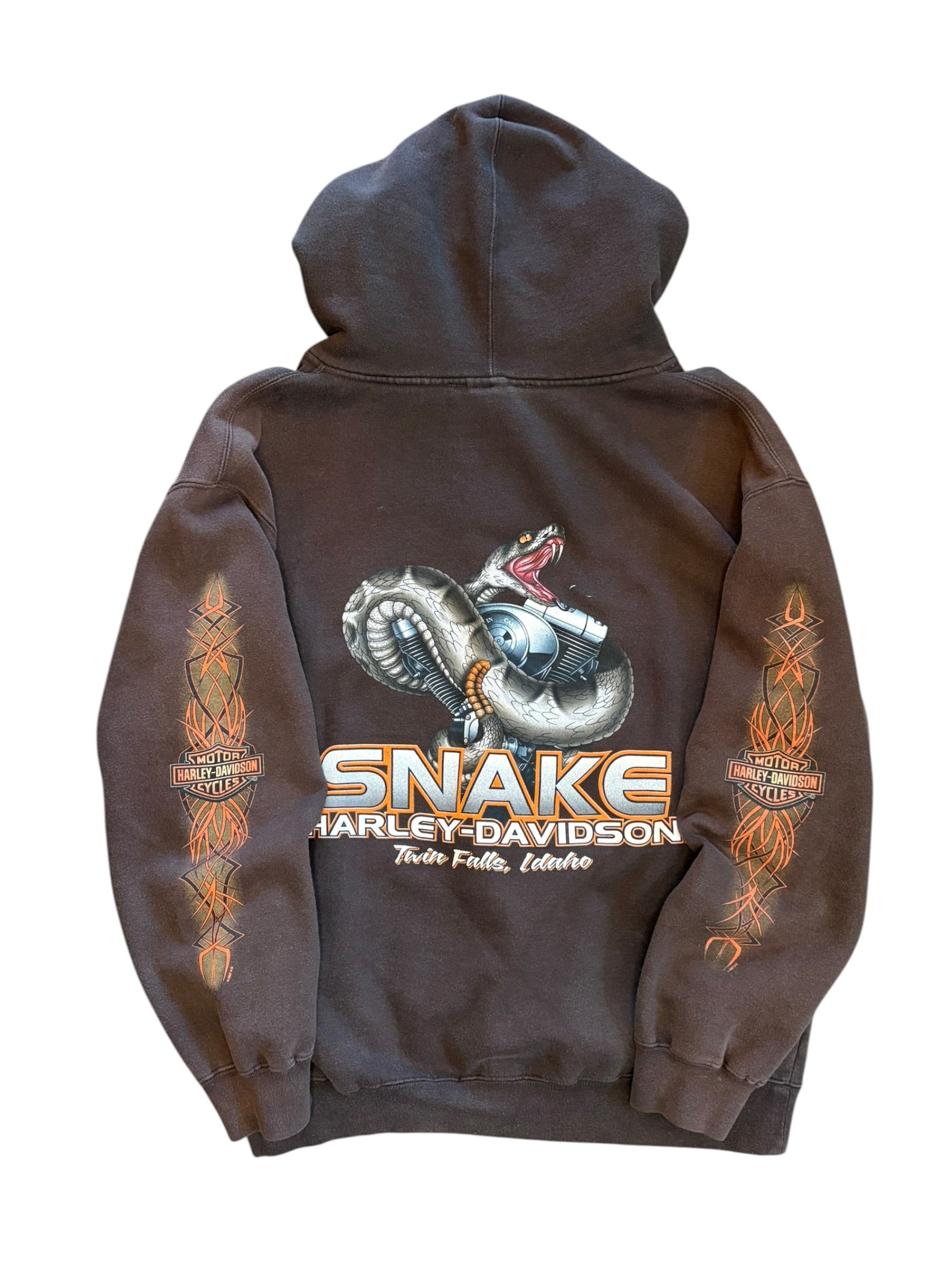 Vintage Brown Harley Davidson Tribal Flame Zip Up Hoodie (Large)
