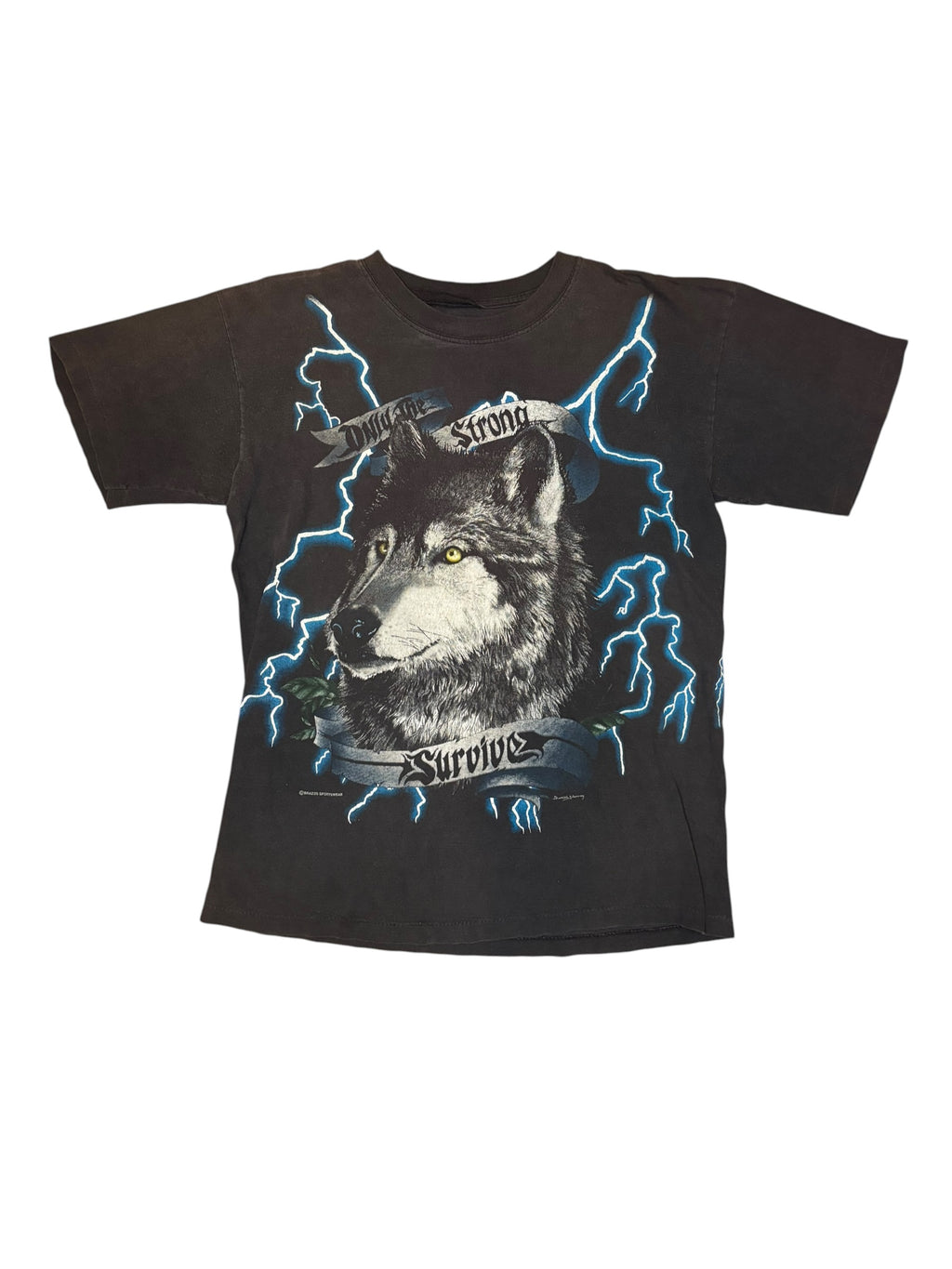 Vintage Faded American Thunder AOP Lightning Wolf Tee (Large)