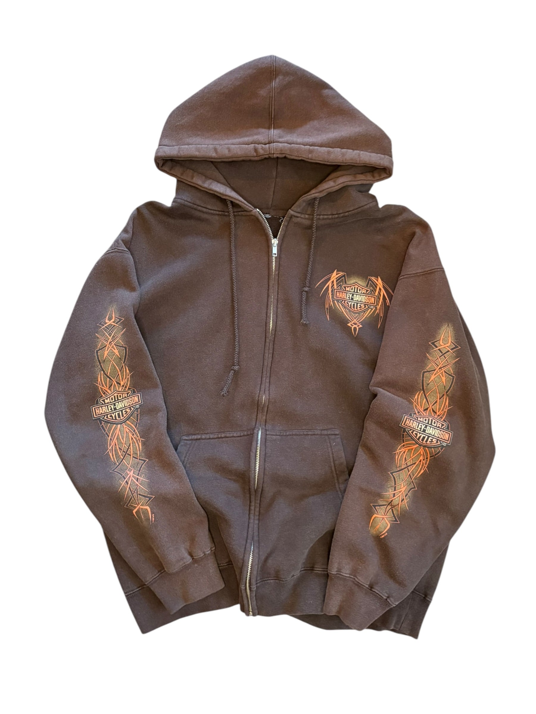 Vintage Brown Harley Davidson Tribal Flame Zip Up Hoodie (Large)