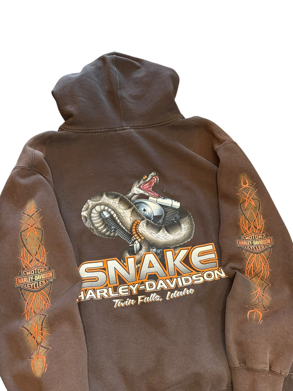 Vintage Brown Harley Davidson Tribal Flame Zip Up Hoodie (Large)