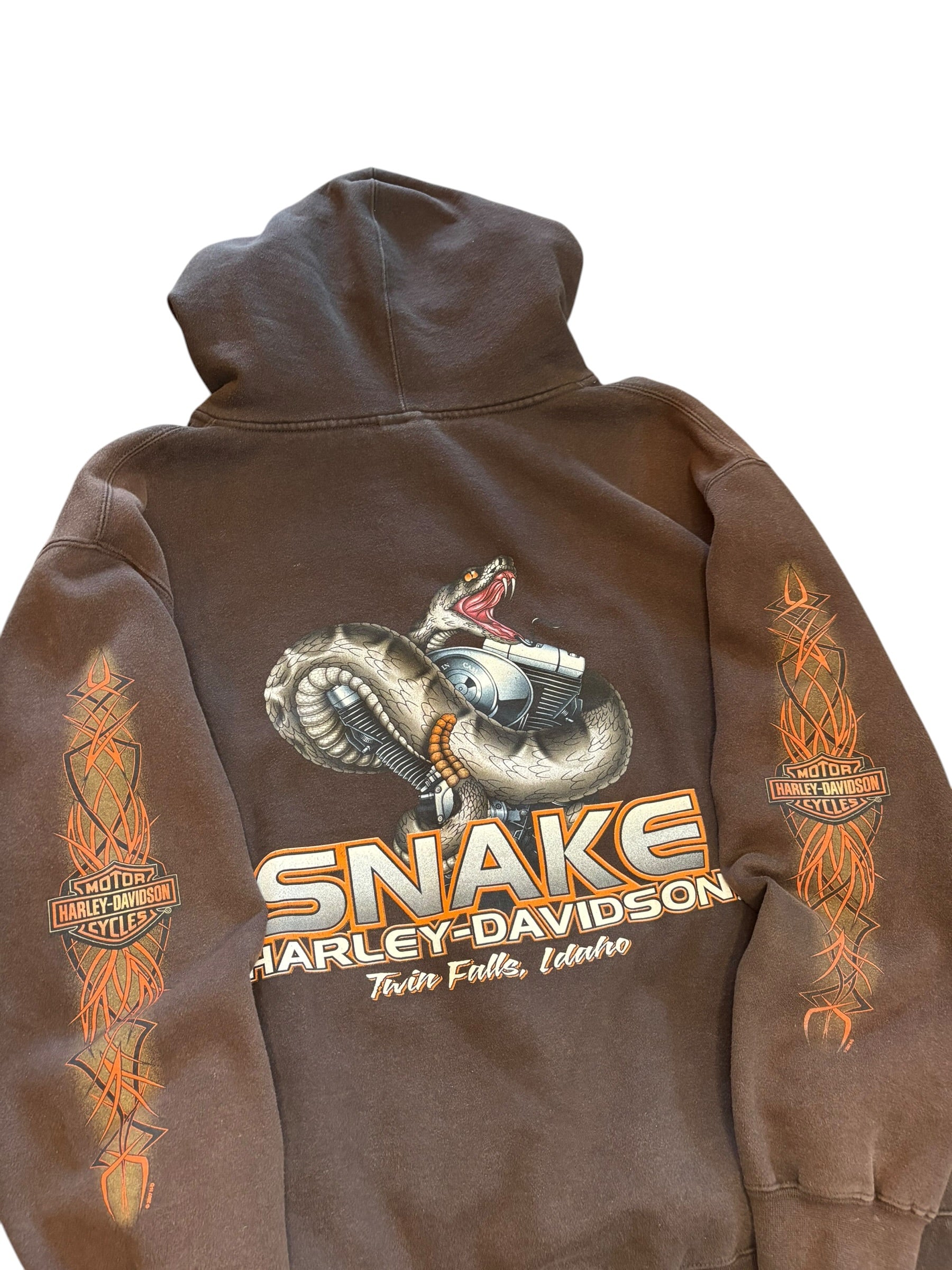 Vintage Brown Harley Davidson Tribal Flame Zip Up Hoodie (Large)