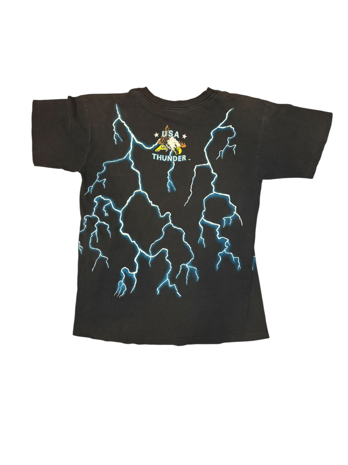Vintage Faded American Thunder AOP Lightning Wolf Tee (Large)