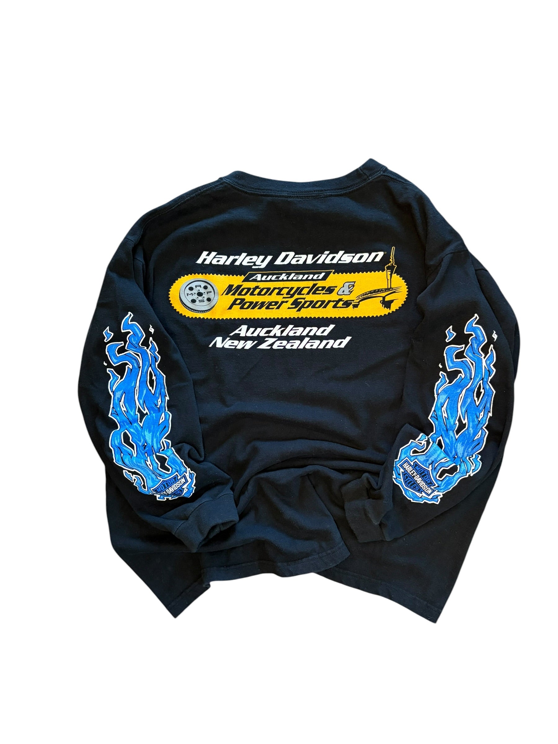 Vintage 1990s New Zealand Rare Harley Davidson Blue Flame Shield Longsleeve (Medium)