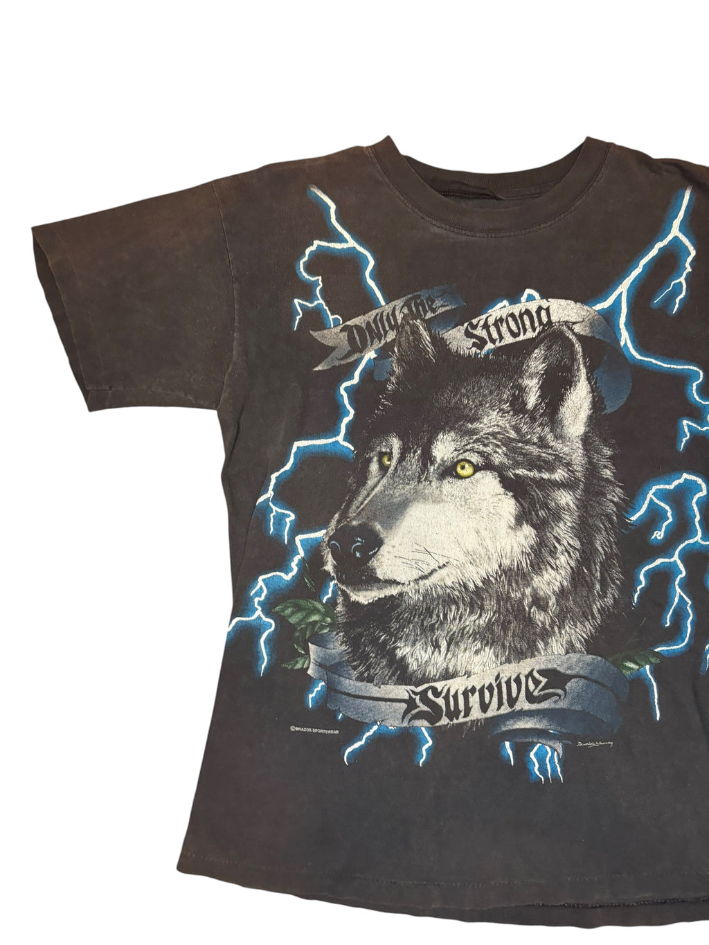 Vintage Faded American Thunder AOP Lightning Wolf Tee (Large)