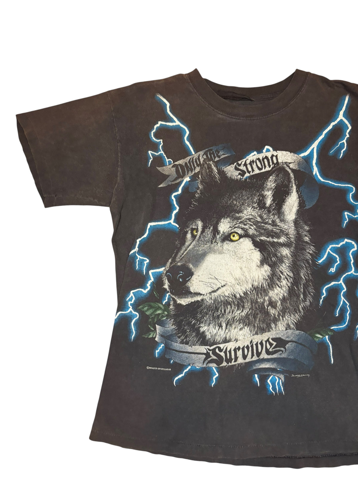 Vintage Faded American Thunder AOP Lightning Wolf Tee (Large)