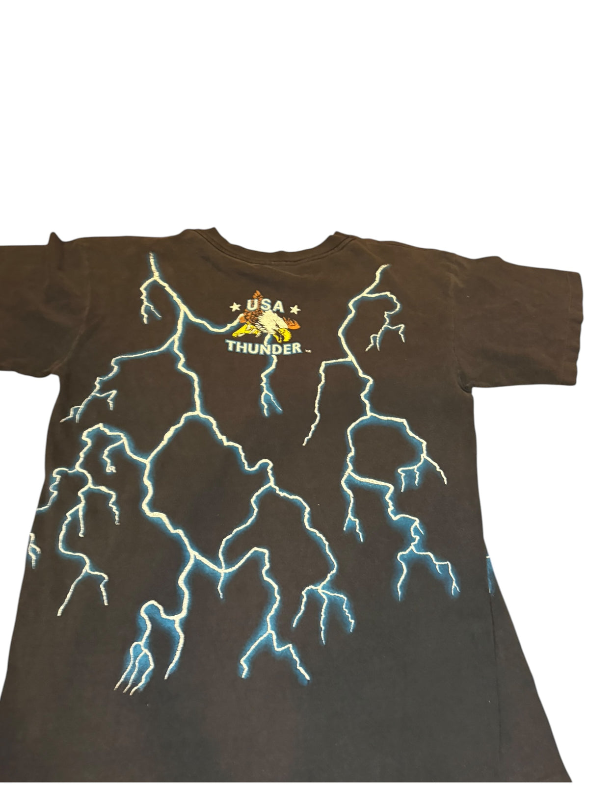 Vintage Faded American Thunder AOP Lightning Wolf Tee (Large)
