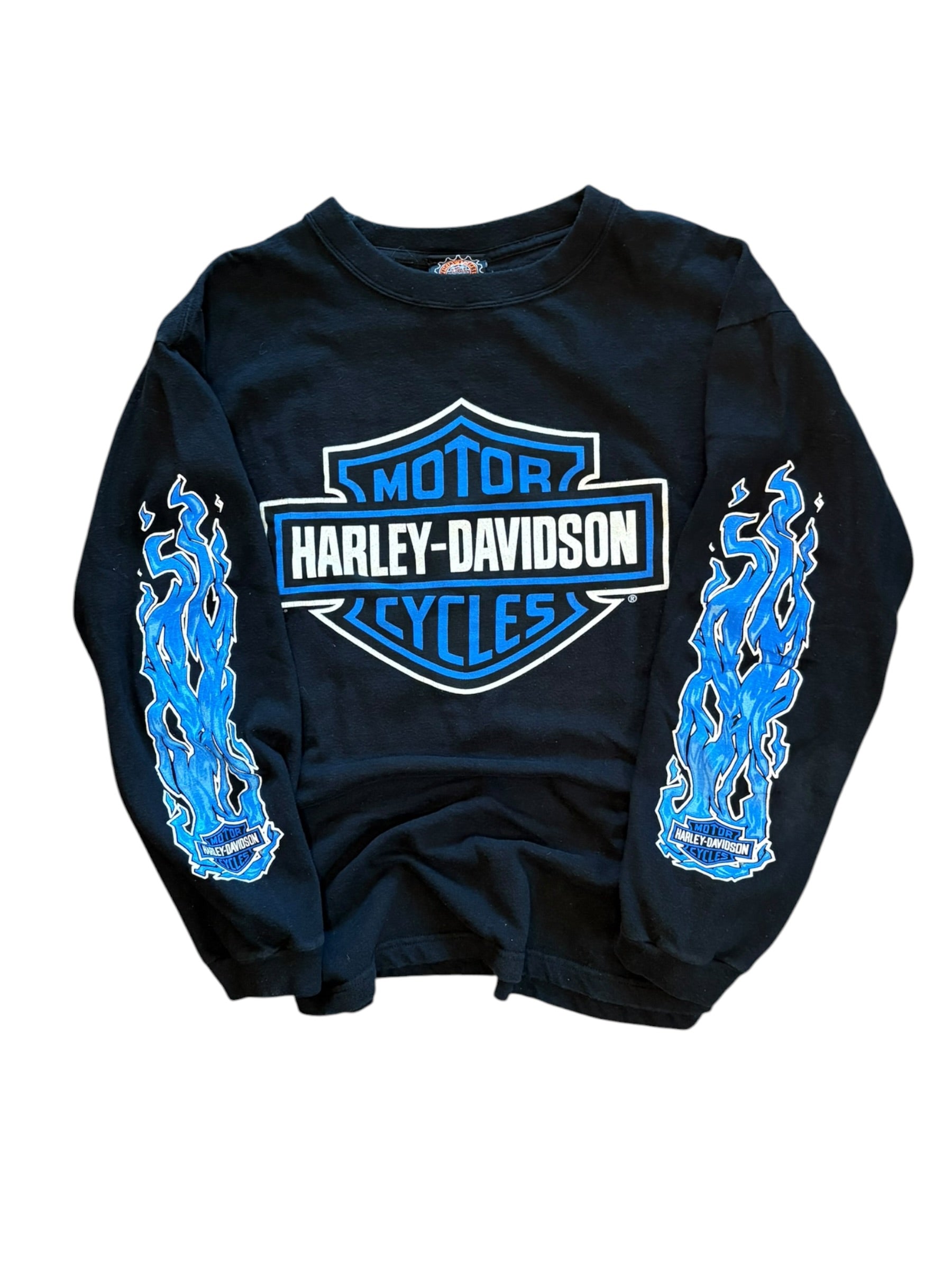Vintage 1990s New Zealand Rare Harley Davidson Blue Flame Shield Longsleeve (Medium)