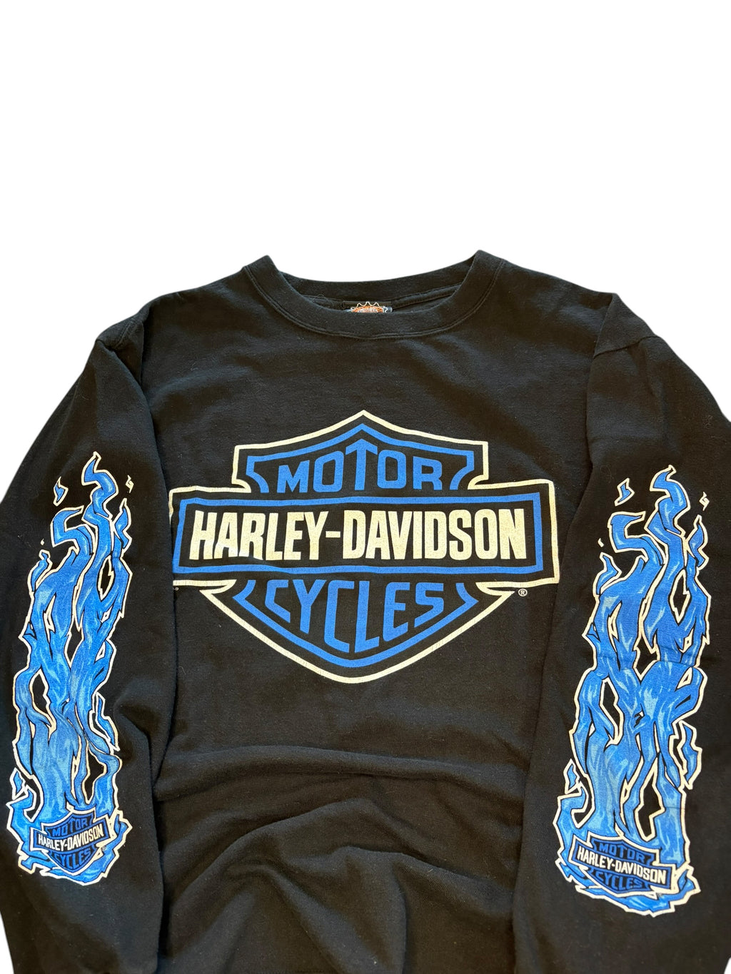 Vintage 1990s New Zealand Rare Harley Davidson Blue Flame Shield Longsleeve (Medium)